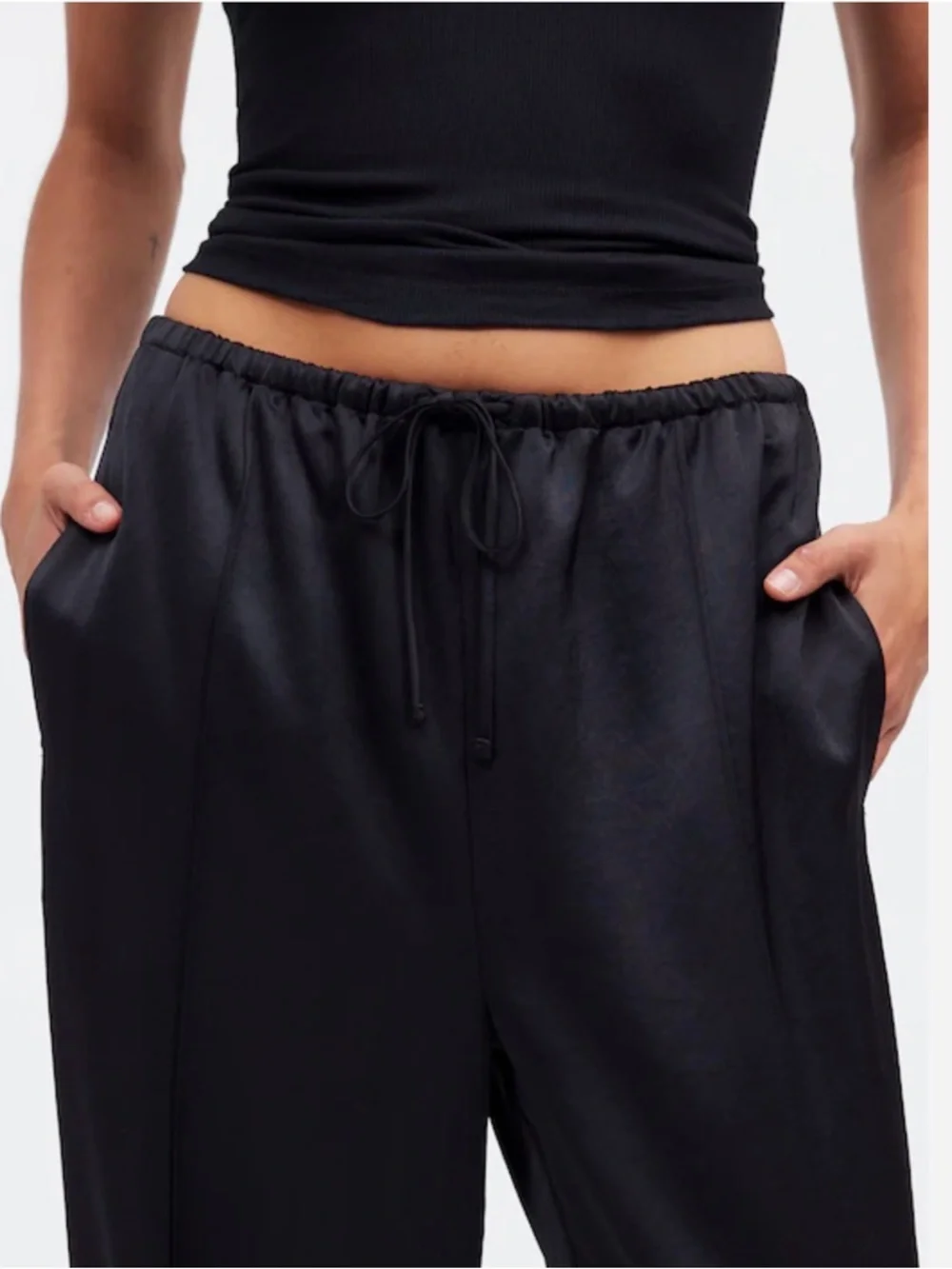 Madewell Black Satin Wide-Leg Pull-On Pants Pintuck - Picture 3 of 4
